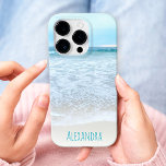 California Ocean Beach Waves Photo Monogram Name iPhone 16 Pro Case<br><div class="desc">Relax as you remember watching the waves go in and out. Breathe, explore, and enjoy the solitude of an empty California beach with this stunning, pastel blue and white ocean froth photography personalized name cell phone case. Makes a great gift for someone special! Just type in the name of your...</div>