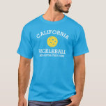 California Pickleball Add Club Partner Name Custom T-Shirt<br><div class="desc">Show off your love of California pickleball (easily change state name and shirt colour) with this awesome pickleball shirt for clubs, teams, partners or everyday court wear. Just add your 3 lines of custom text to make a totally unique pickleball shirt. Great for tournaments, matching club shirts or to give...</div>
