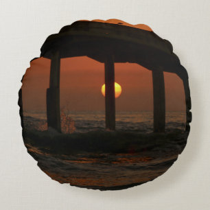 California Pier Ocean Beach Sunset Round Pillow
