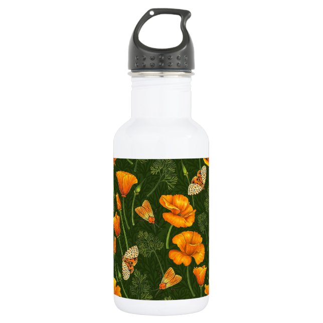 California poppies and moths on dark green 532 ml water bottle (Front)