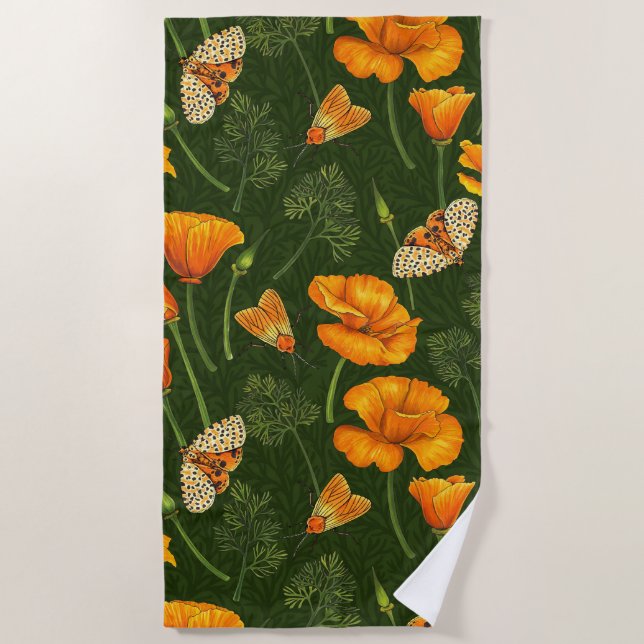 California poppies and moths on dark green beach towel (Front)