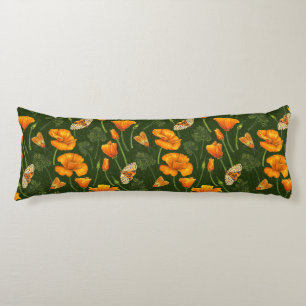 California poppies and moths on dark green body pillow