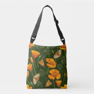 California poppies and moths on dark green crossbody bag