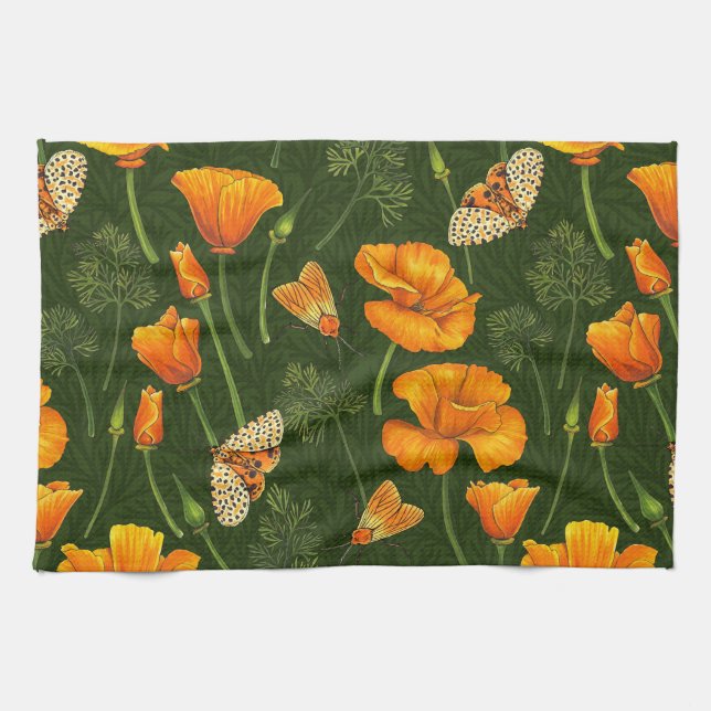 California poppies and moths on dark green kitchen towel (Horizontal)