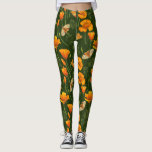 California poppies and moths on dark green leggings<br><div class="desc">Hand-painted California poppies and moths- Garden tiger and bella moth</div>