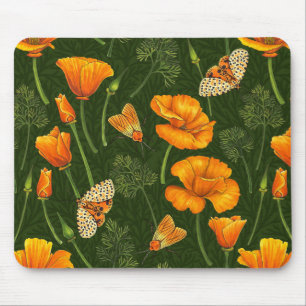 California poppies and moths on dark green mouse pad
