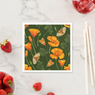 California poppies and moths on dark green napkin