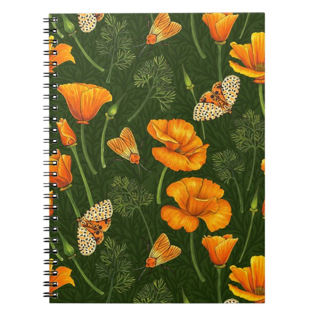 California poppies and moths on dark green notebook (Front)