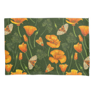 California poppies and moths on dark green pillowcase