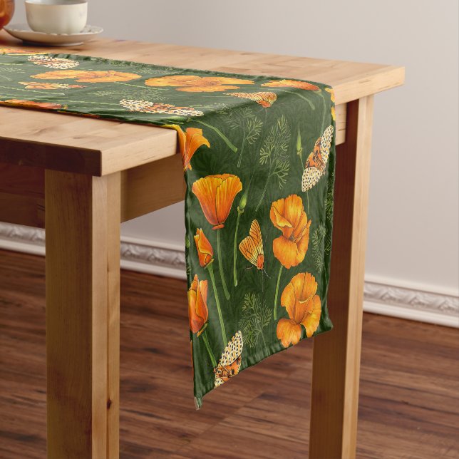 California poppies and moths on dark green short table runner (In Situ)