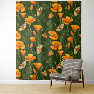 California poppies and moths on dark green tapestry
