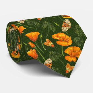 California poppies and moths on dark green tie