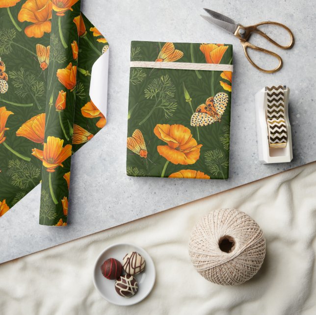 California poppies and moths on dark green wrapping paper (Crafts)