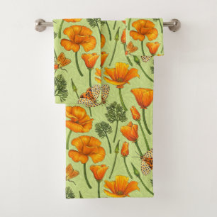 California poppies and moths on honey dew bath towel set