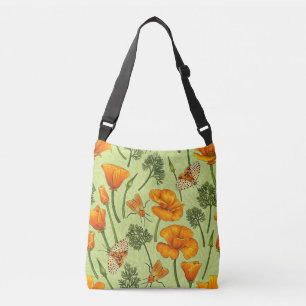 California poppies and moths on honey dew crossbody bag