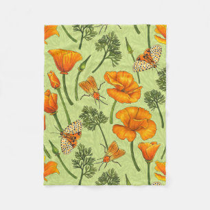 California poppies and moths on honey dew fleece blanket