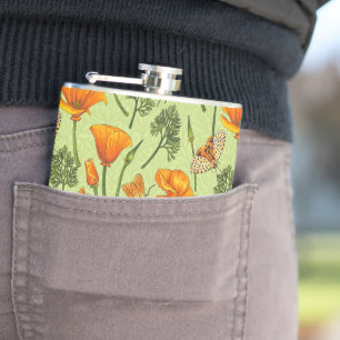 California poppies and moths on honey dew hip flask
