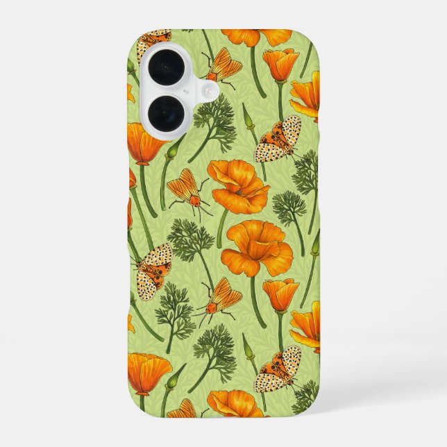 California poppies and moths on honey dew iPhone 16 case (Back)