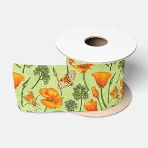California poppies and moths on honey dew satin ribbon