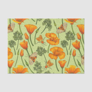 California poppies and moths on honey dew tissue paper