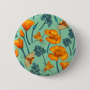 California poppies and moths on jade 2 inch round button