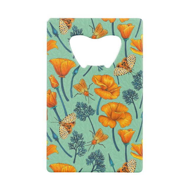 California poppies and moths on jade credit card bottle opener (Front)