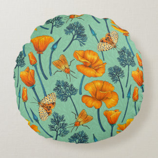 California poppies and moths on jade round pillow
