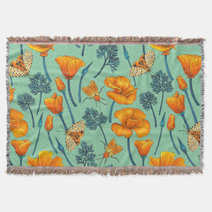 California poppies and moths on jade throw blanket