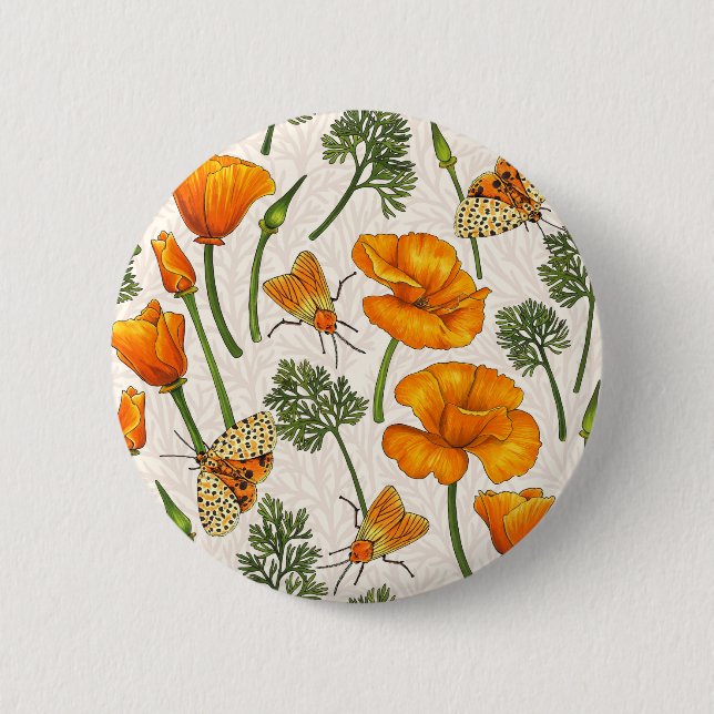 California poppies and moths on off white 2 2 inch round button (Front)