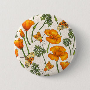 California poppies and moths on off white 2 2 inch round button