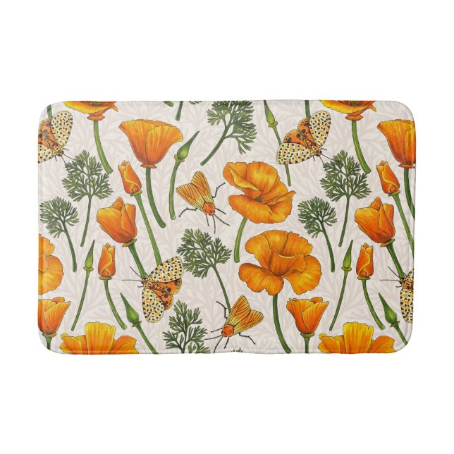 California poppies and moths on off white 2 bath mat (Front)