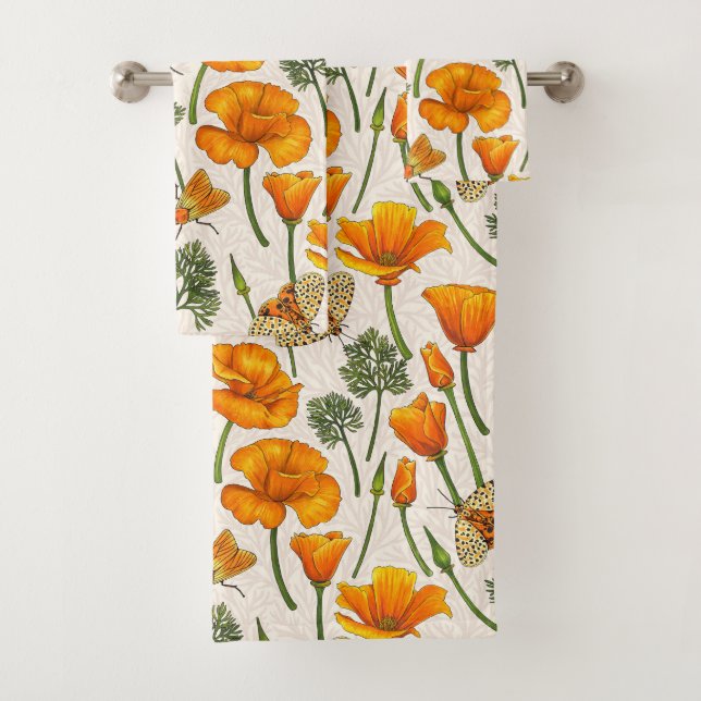 California poppies and moths on off white 2 bath towel set (Insitu)