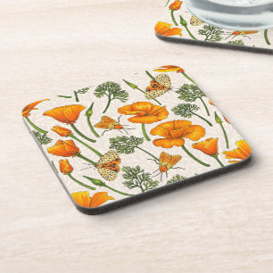 California poppies and moths on off white 2 coaster