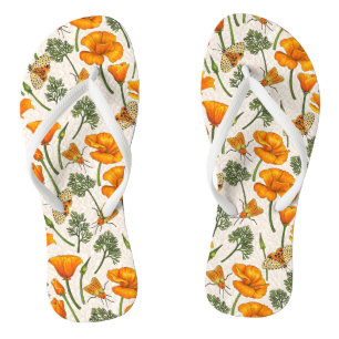 California poppies and moths on off white 2 flip flops