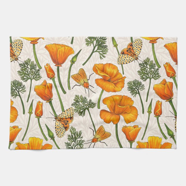 California poppies and moths on off white 2 kitchen towel (Horizontal)