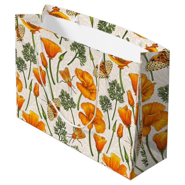 California poppies and moths on off white 2 large gift bag (Back Angled)