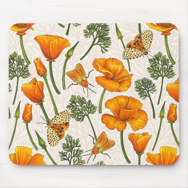 California poppies and moths on off white 2 mouse pad (Front)
