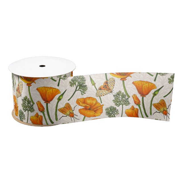California poppies and moths on off white 2 satin ribbon (Spool)