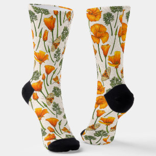 California poppies and moths on off white 2 socks