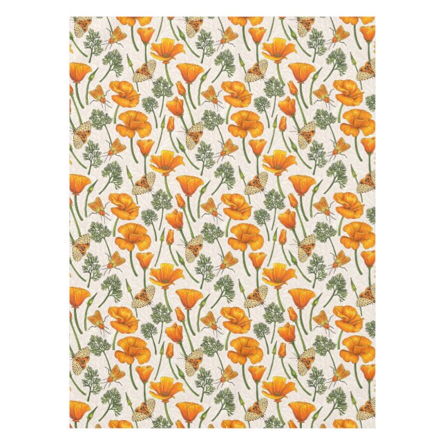 California poppies and moths on off white 2 tablecloth (Front)