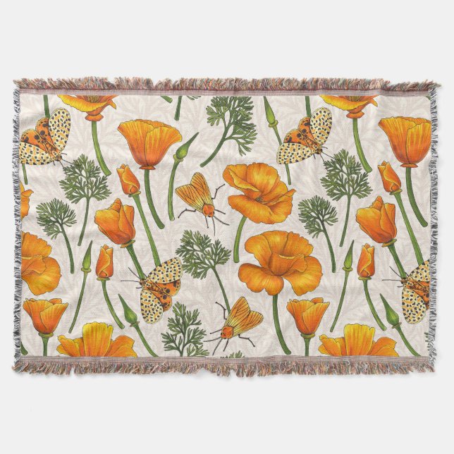 California poppies and moths on off white 2 throw blanket (Front)