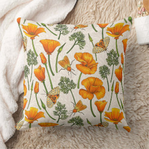 California poppies and moths on off white 2 throw pillow