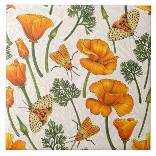 California poppies and moths on off white 2 tile