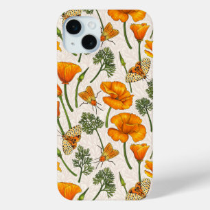 California poppies and moths on off white iPhone 15 mini case