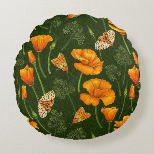 California poppies and moths on off white round pillow