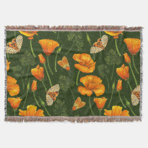 California poppies and moths on off white throw blanket