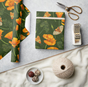 California poppies and moths on off white wrapping paper