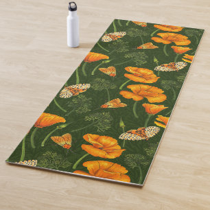 California poppies and moths on off white yoga mat