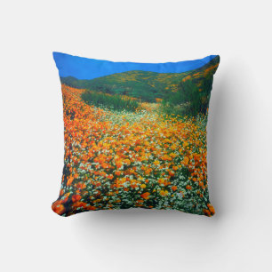 California Poppies and Popcorn wildflowers Throw Pillow