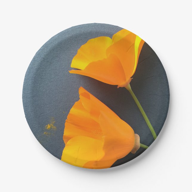 California poppies on blue paper plate (Front)